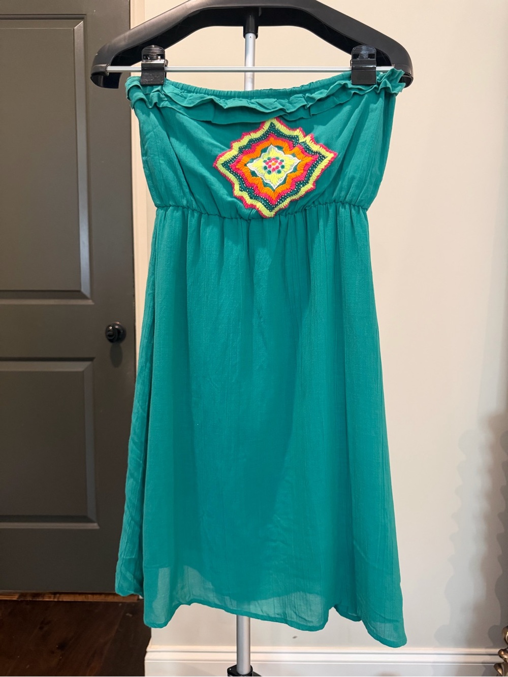 Judith March Teal Strapless Embroidered Mini Dress Size S